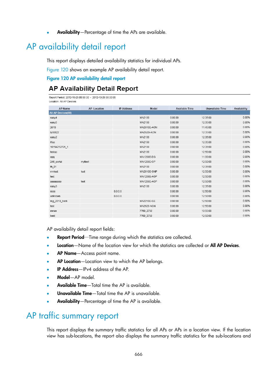 Ap availability detail report, Ap traffic summary report | H3C Technologies H3C Intelligent Management Center User Manual | Page 688 / 751