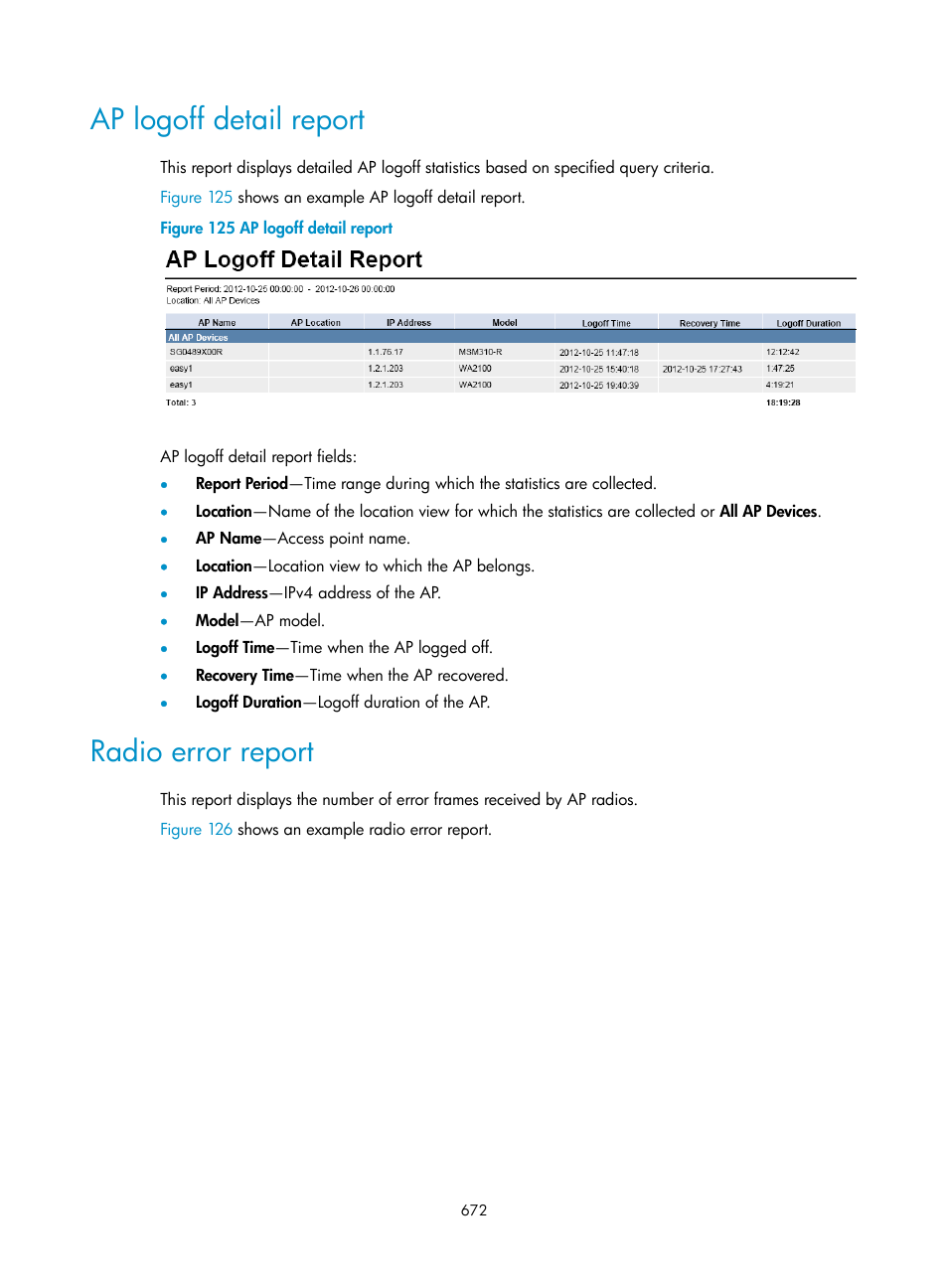 Ap logoff detail report, Radio error report | H3C Technologies H3C Intelligent Management Center User Manual | Page 694 / 751