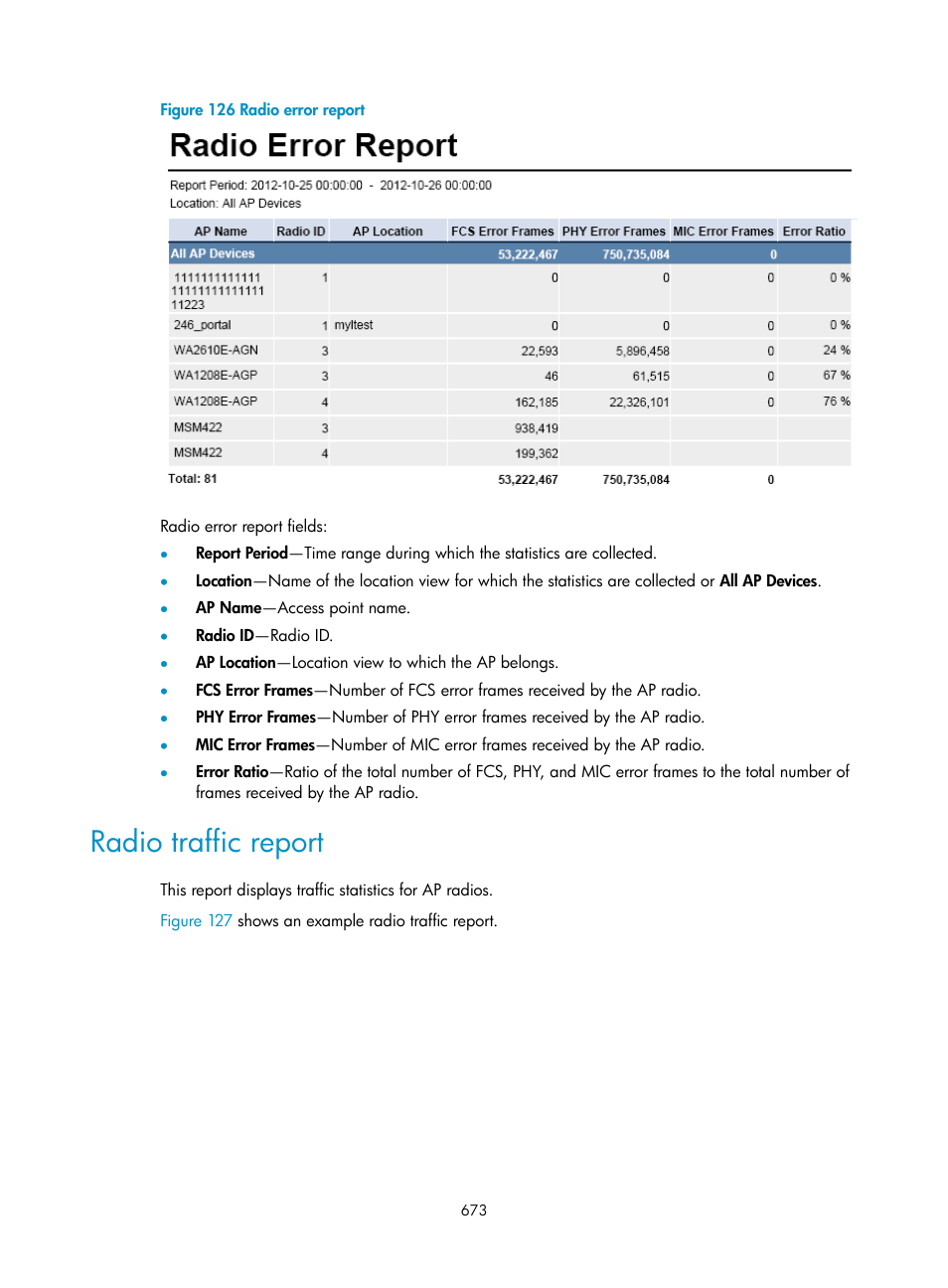 Radio traffic report | H3C Technologies H3C Intelligent Management Center User Manual | Page 695 / 751