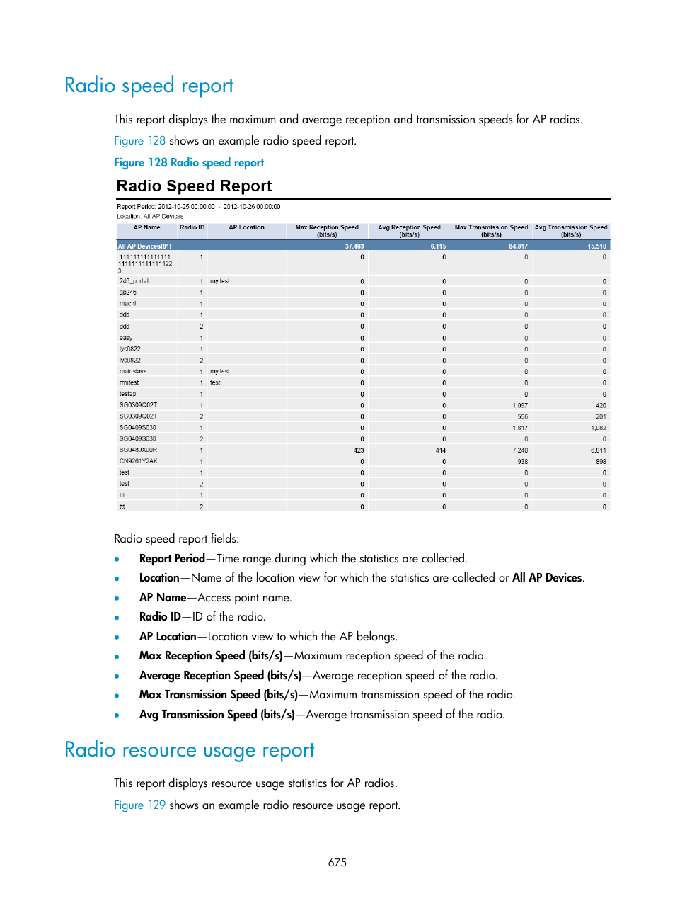 Radio speed report, Radio resource usage report | H3C Technologies H3C Intelligent Management Center User Manual | Page 697 / 751