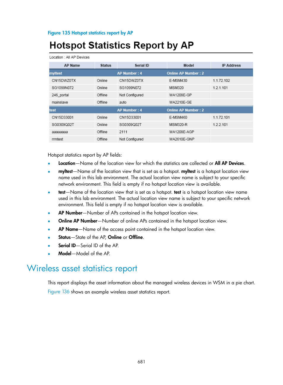 Wireless asset statistics report | H3C Technologies H3C Intelligent Management Center User Manual | Page 703 / 751