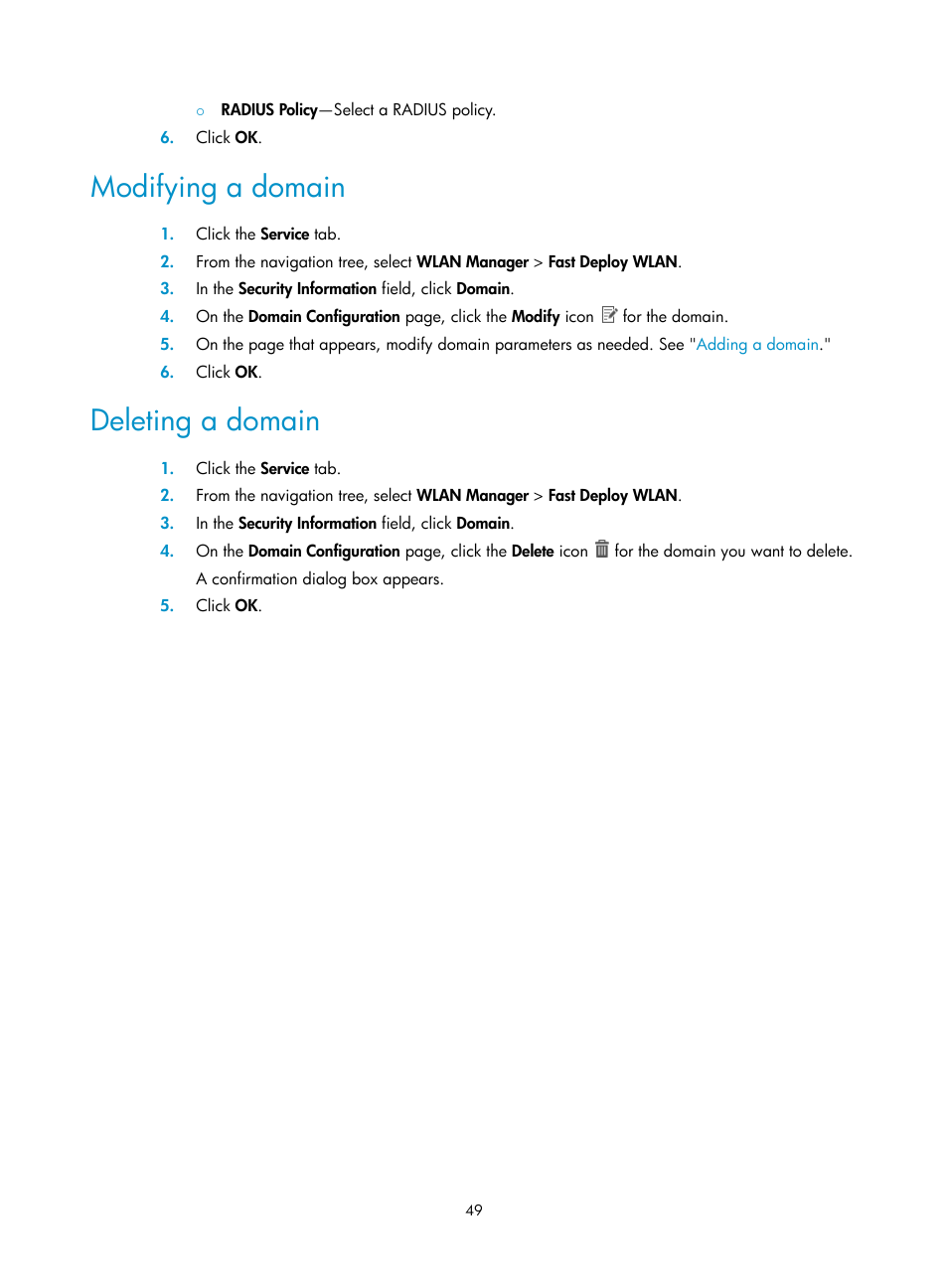 Modifying a domain, Deleting a domain | H3C Technologies H3C Intelligent Management Center User Manual | Page 71 / 751