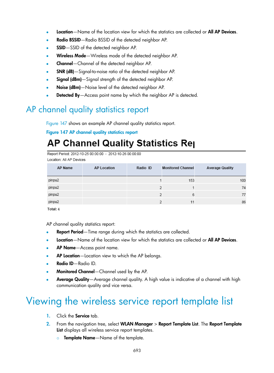 Ap channel quality statistics report, Viewing the wireless service report template list | H3C Technologies H3C Intelligent Management Center User Manual | Page 715 / 751