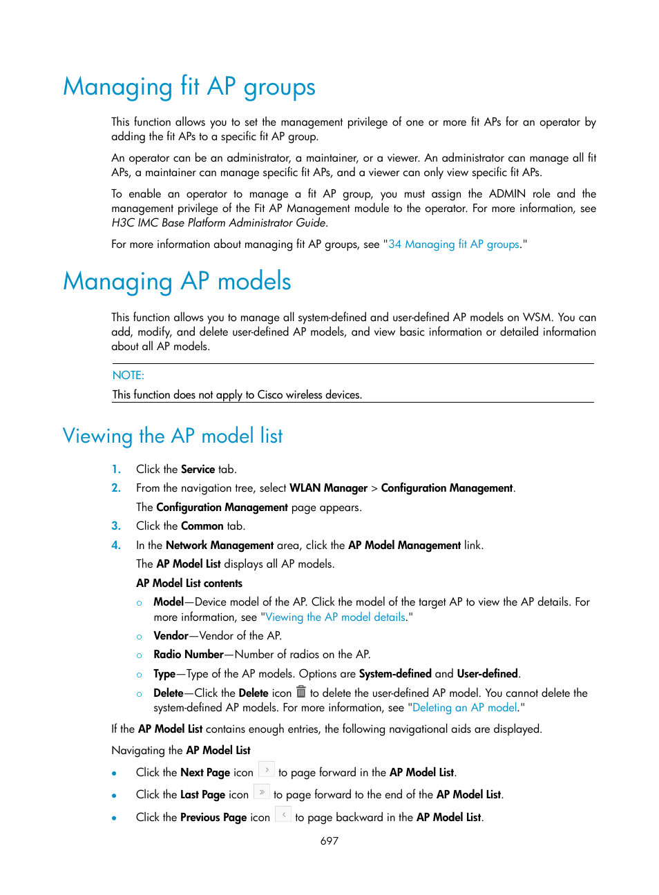 Managing fit ap groups, Managing ap models, Viewing the ap model list | H3C Technologies H3C Intelligent Management Center User Manual | Page 719 / 751