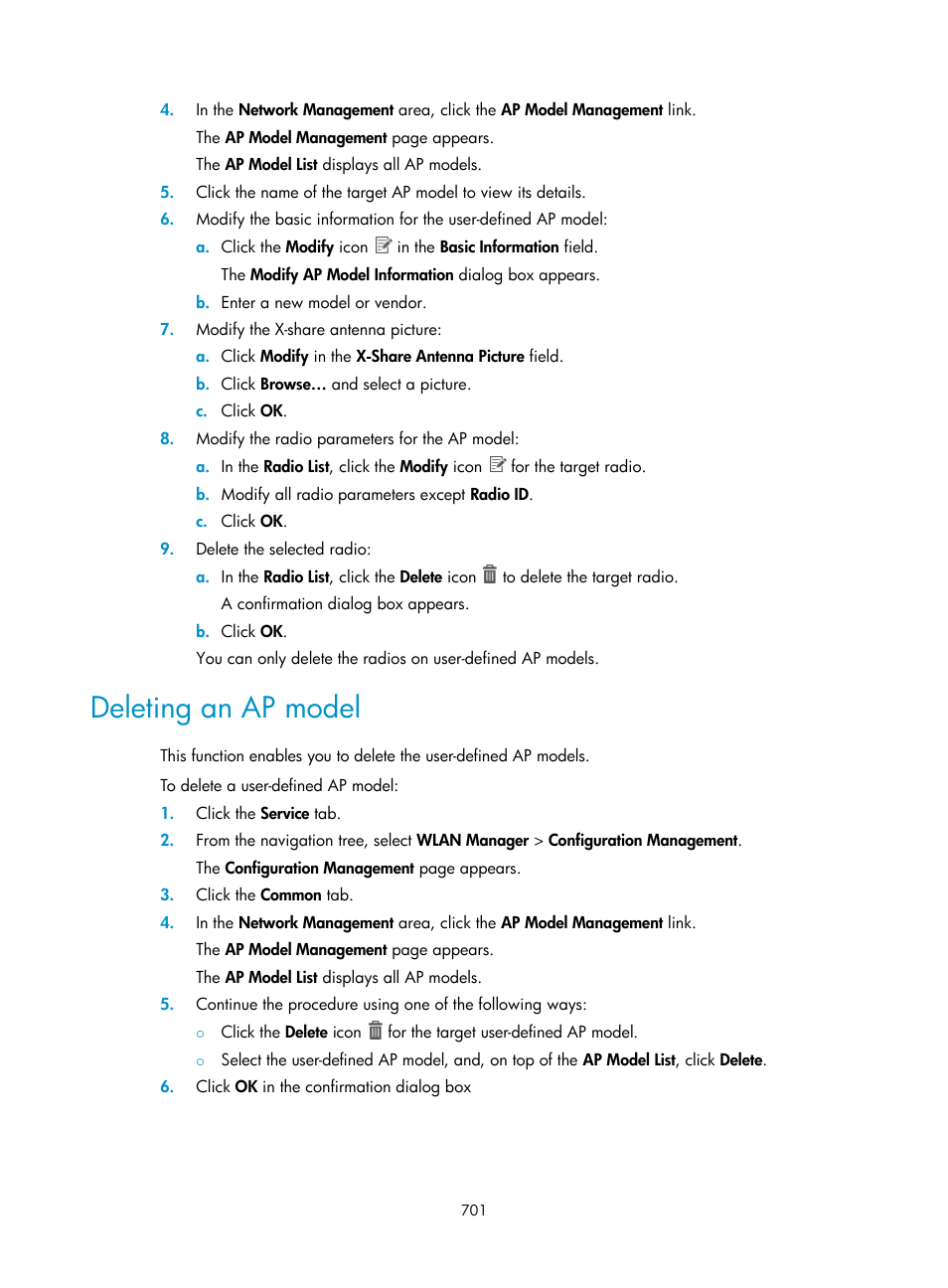 Deleting an ap model | H3C Technologies H3C Intelligent Management Center User Manual | Page 723 / 751