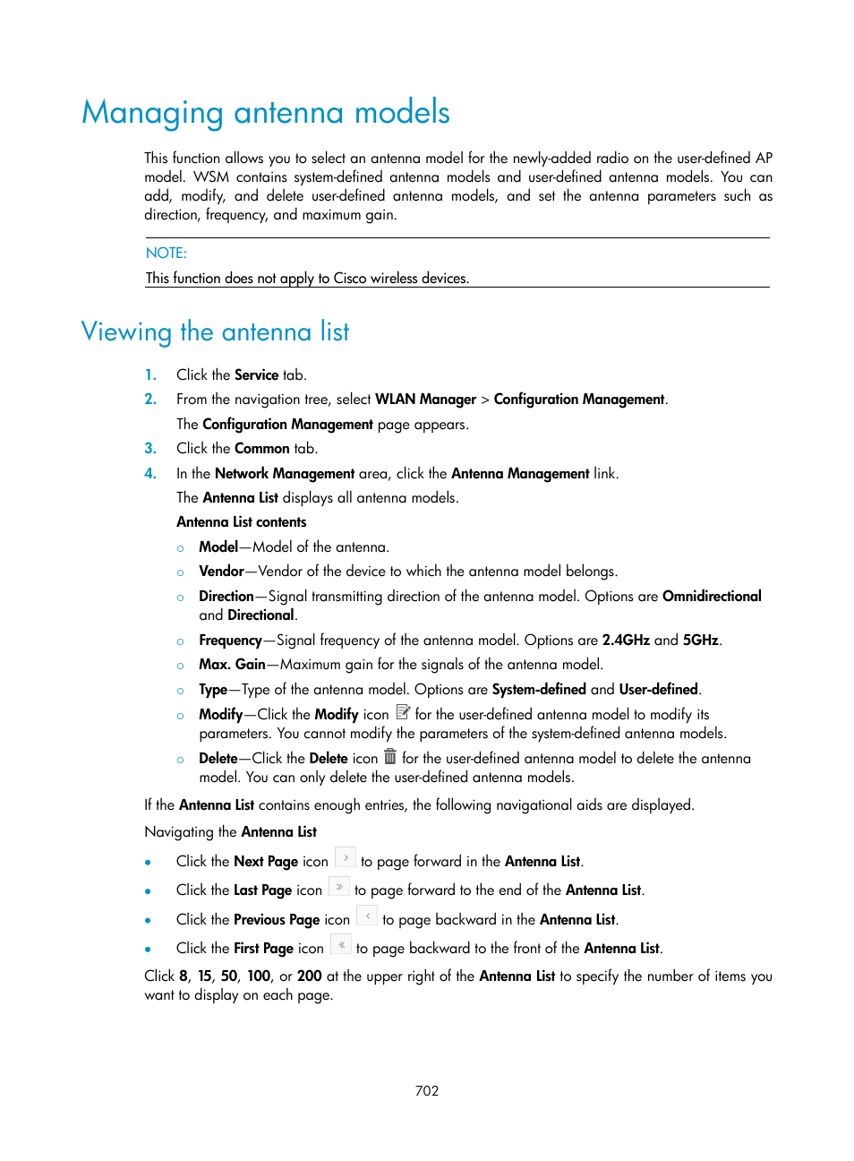 Managing antenna models, Viewing the antenna list | H3C Technologies H3C Intelligent Management Center User Manual | Page 724 / 751