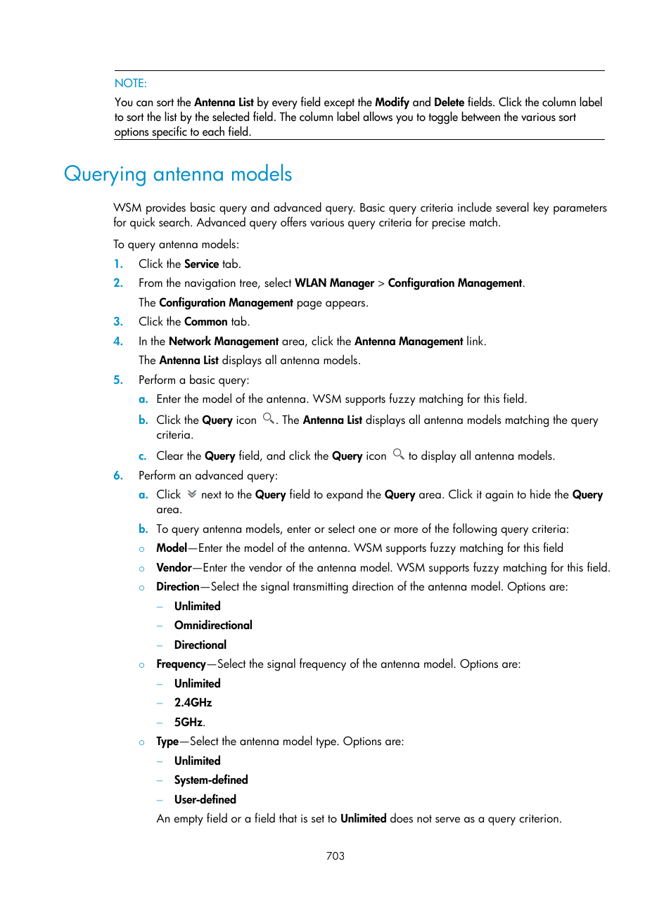 Querying antenna models | H3C Technologies H3C Intelligent Management Center User Manual | Page 725 / 751