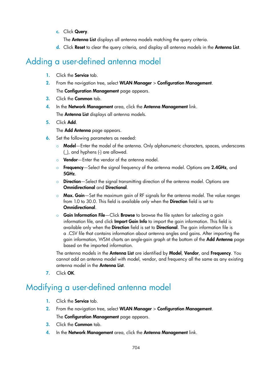 Adding a user-defined antenna model, Modifying a user-defined antenna model | H3C Technologies H3C Intelligent Management Center User Manual | Page 726 / 751