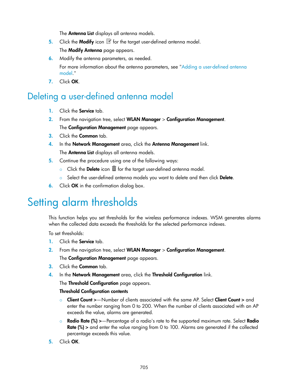 Deleting a user-defined antenna model, Setting alarm thresholds | H3C Technologies H3C Intelligent Management Center User Manual | Page 727 / 751