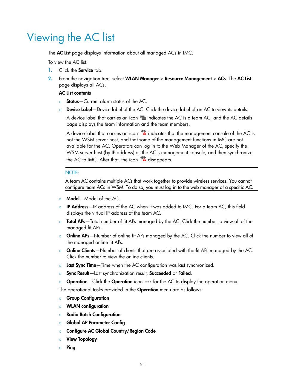 Viewing the ac list | H3C Technologies H3C Intelligent Management Center User Manual | Page 73 / 751