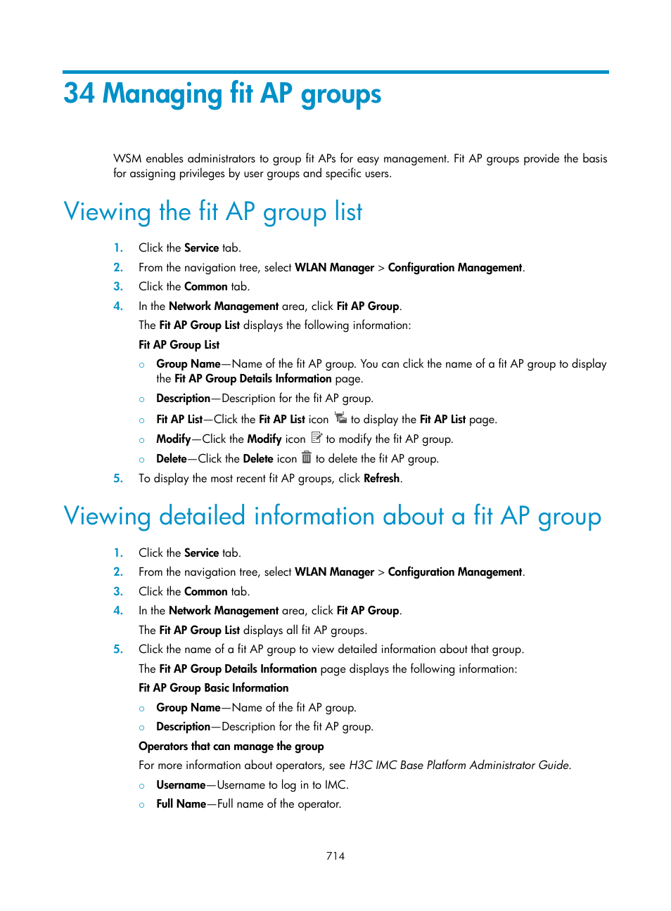 34 managing fit ap groups, Viewing the fit ap group list, Viewing detailed information about a fit ap group | H3C Technologies H3C Intelligent Management Center User Manual | Page 736 / 751