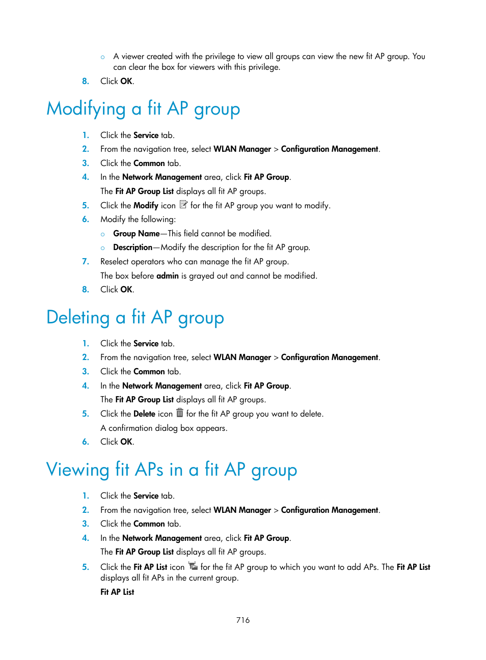 Modifying a fit ap group, Deleting a fit ap group, Viewing fit aps in a fit ap group | H3C Technologies H3C Intelligent Management Center User Manual | Page 738 / 751