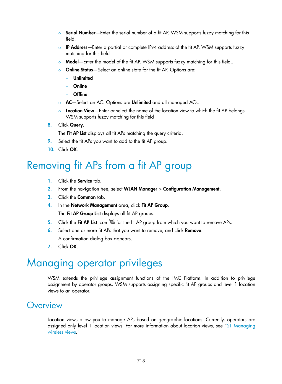 Removing fit aps from a fit ap group, Managing operator privileges, Overview | H3C Technologies H3C Intelligent Management Center User Manual | Page 740 / 751