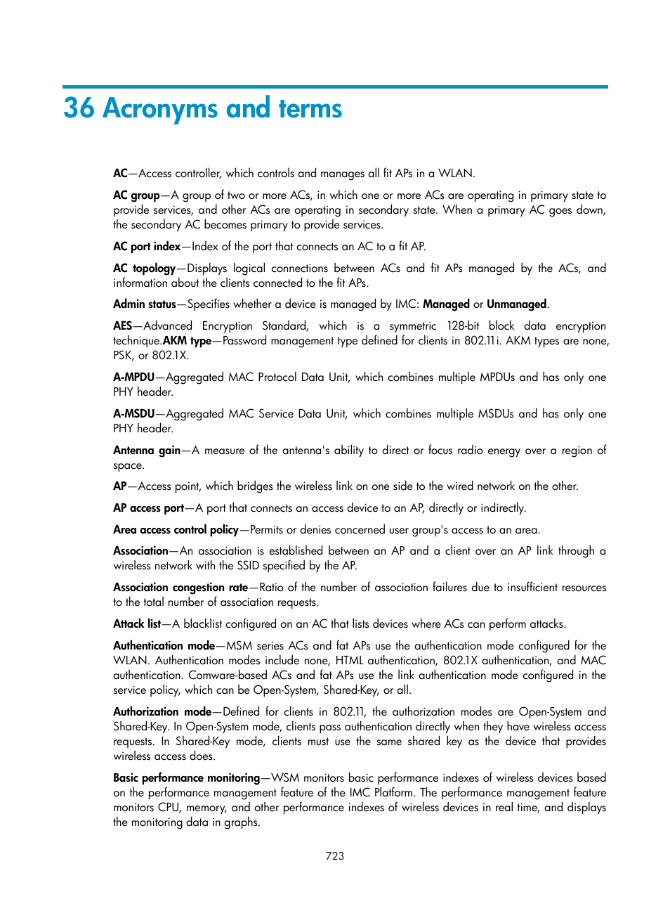 36 acronyms and terms | H3C Technologies H3C Intelligent Management Center User Manual | Page 745 / 751