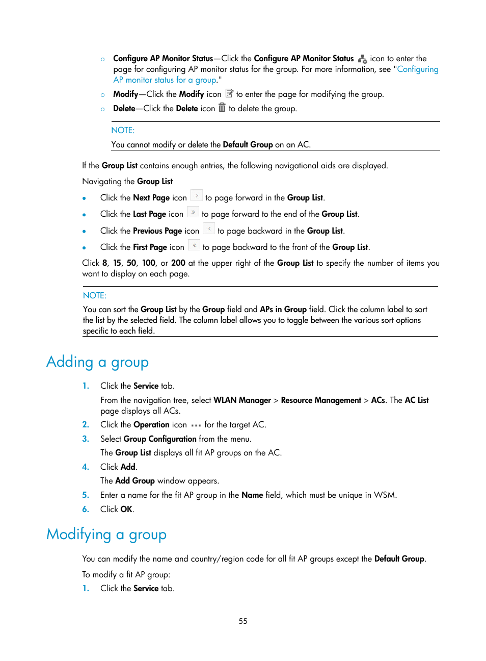 Adding a group, Modifying a group | H3C Technologies H3C Intelligent Management Center User Manual | Page 77 / 751