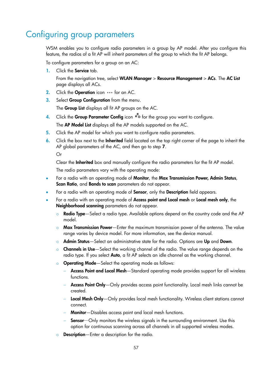 Configuring group parameters, Configuring, Group parameters | H3C Technologies H3C Intelligent Management Center User Manual | Page 79 / 751