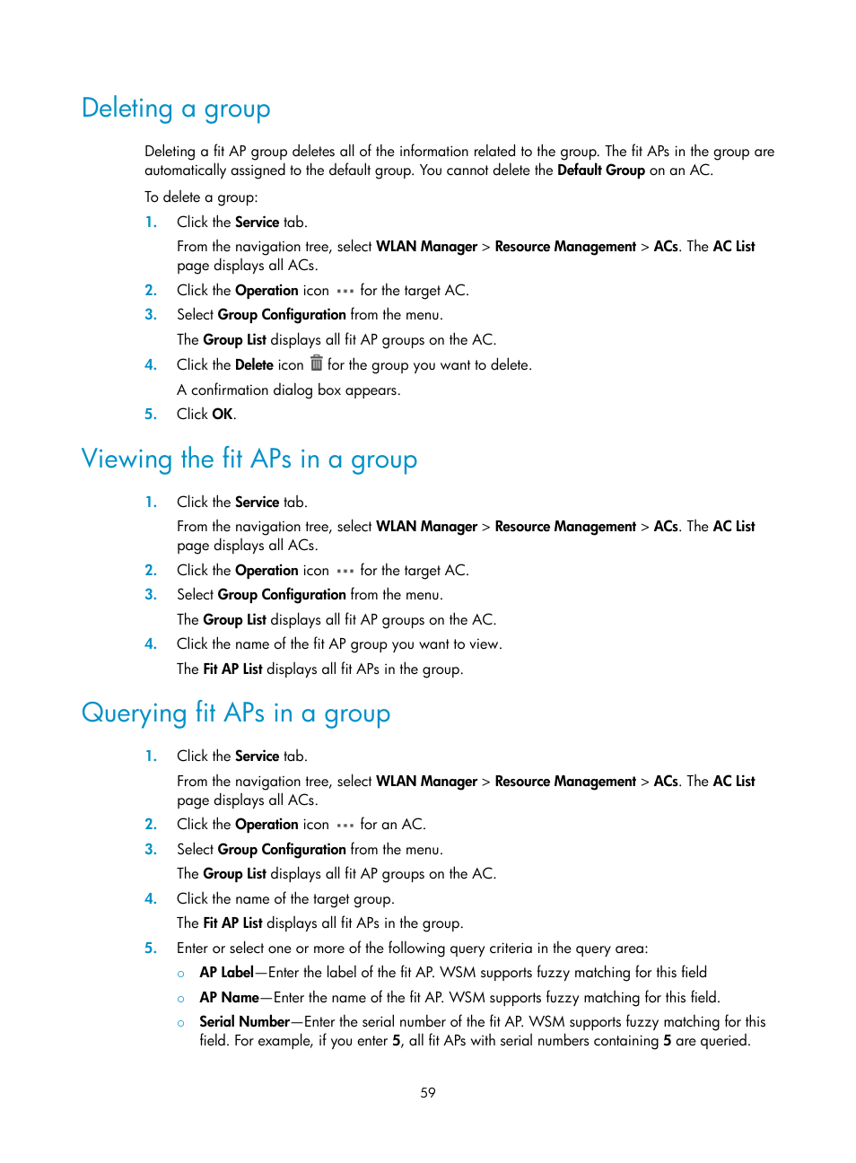 Deleting a group, Viewing the fit aps in a group, Querying fit aps in a group | H3C Technologies H3C Intelligent Management Center User Manual | Page 81 / 751