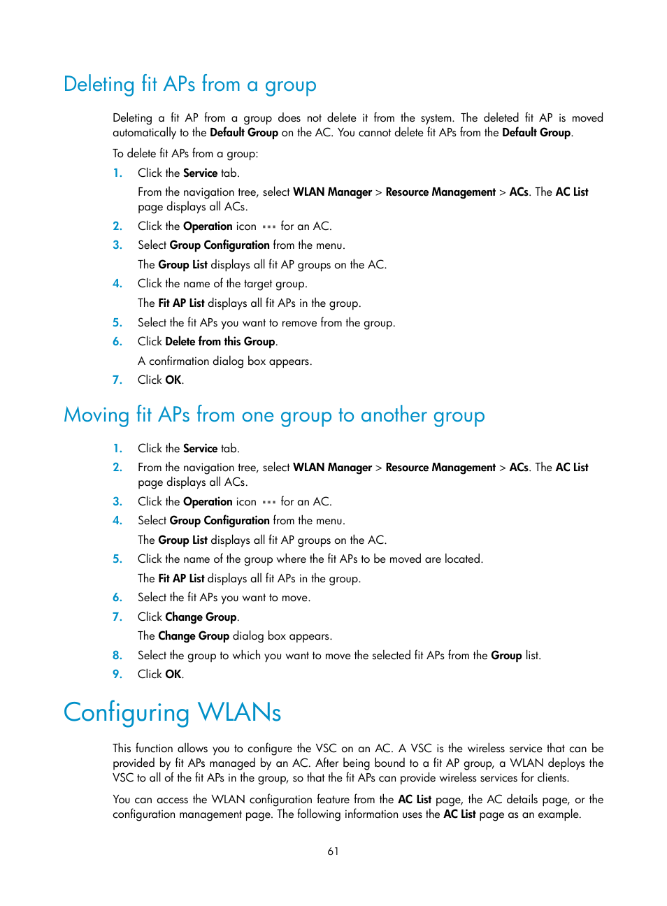 Deleting fit aps from a group, Moving fit aps from one group to another group, Configuring wlans | H3C Technologies H3C Intelligent Management Center User Manual | Page 83 / 751