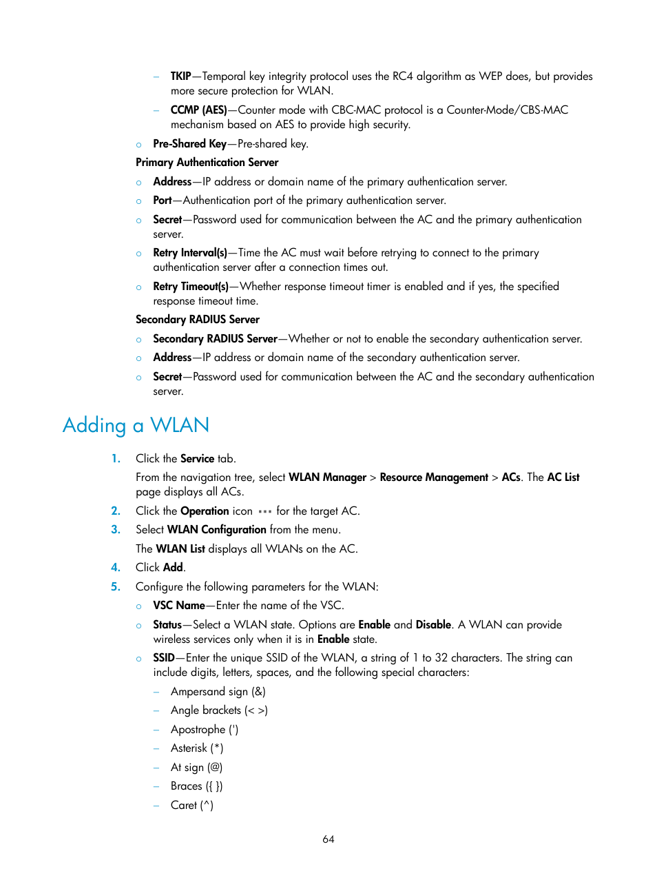 Adding a wlan | H3C Technologies H3C Intelligent Management Center User Manual | Page 86 / 751