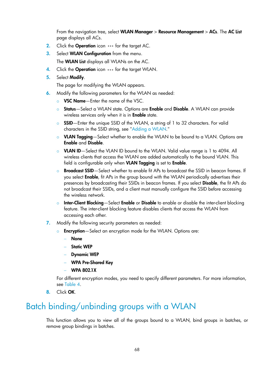 Batch binding/unbinding groups with a wlan | H3C Technologies H3C Intelligent Management Center User Manual | Page 90 / 751