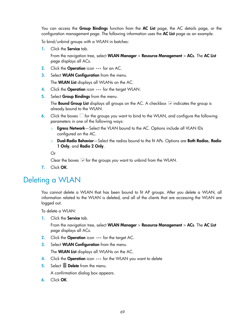 Deleting a wlan | H3C Technologies H3C Intelligent Management Center User Manual | Page 91 / 751