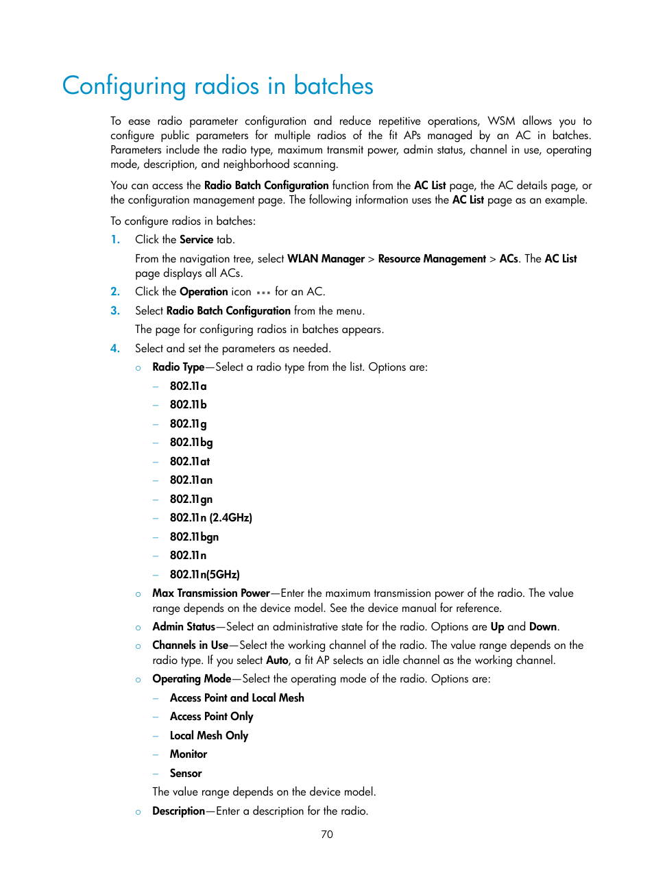 Configuring radios in batches, Configuring radios in, Batches | H3C Technologies H3C Intelligent Management Center User Manual | Page 92 / 751