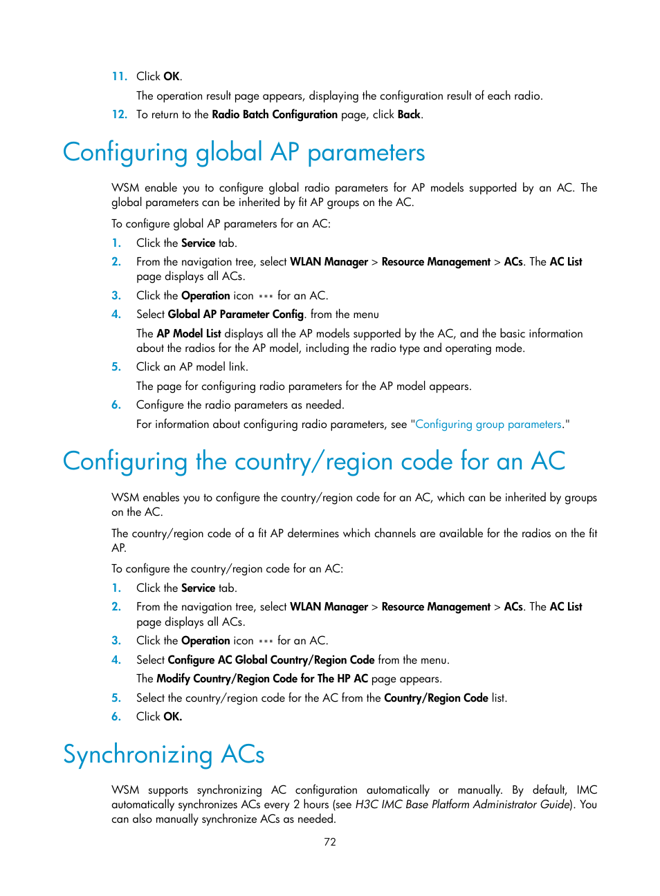 Configuring global ap parameters, Configuring the country/region code for an ac, Synchronizing acs | H3C Technologies H3C Intelligent Management Center User Manual | Page 94 / 751