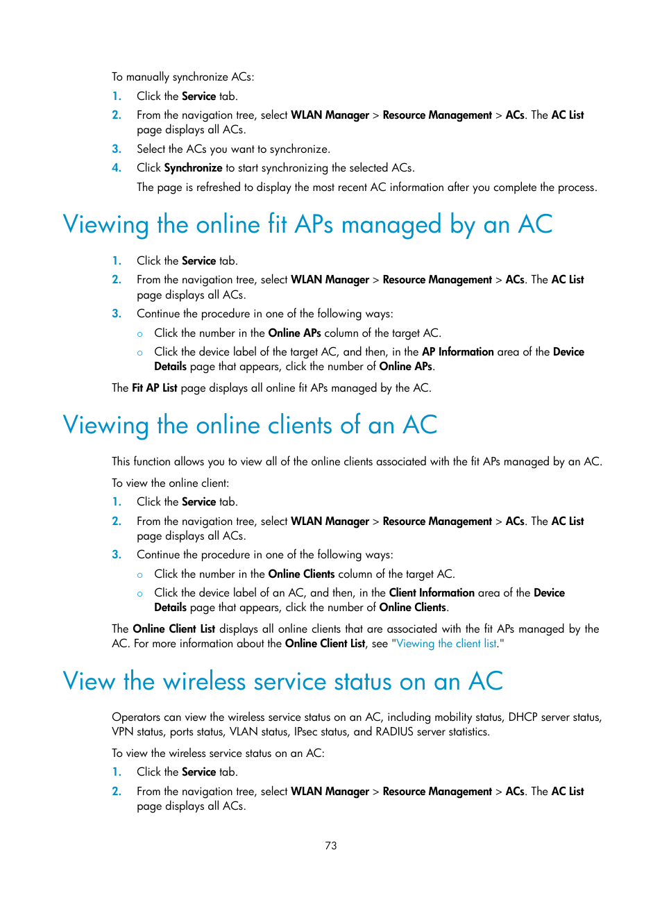 Viewing the online fit aps managed by an ac, Viewing the online clients of an ac, View the wireless service status on an ac | H3C Technologies H3C Intelligent Management Center User Manual | Page 95 / 751