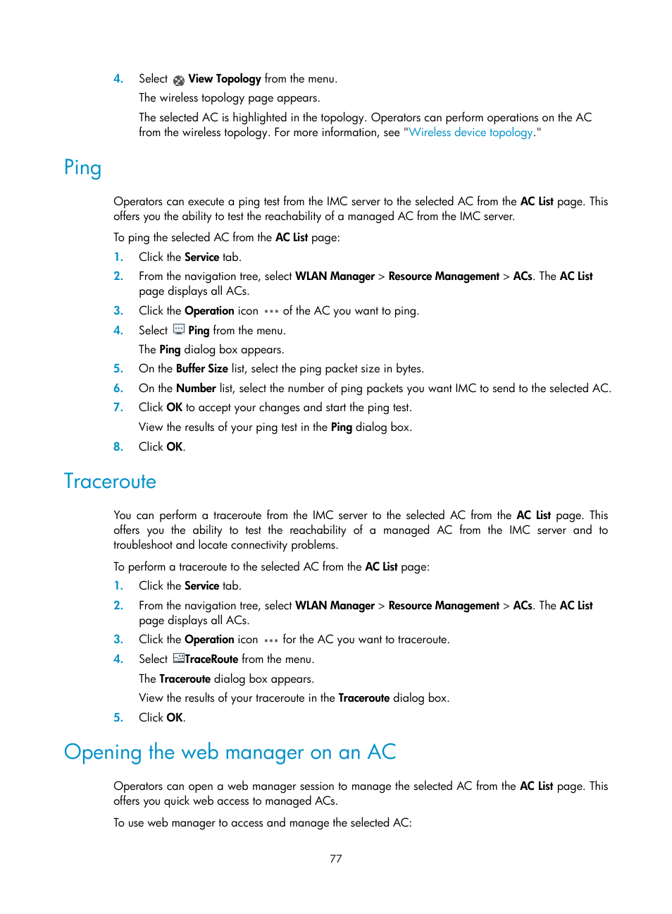 Ping, Traceroute, Opening the web manager on an ac | H3C Technologies H3C Intelligent Management Center User Manual | Page 99 / 751