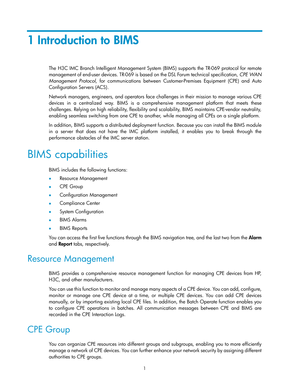 1 introduction to bims, Bims capabilities, Resource management | Cpe group | H3C Technologies H3C Intelligent Management Center User Manual | Page 10 / 139