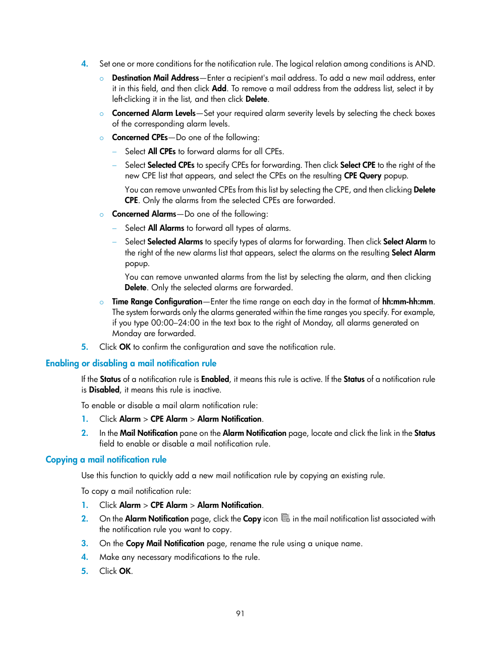 Enabling or disabling a mail notification rule, Copying a mail notification rule | H3C Technologies H3C Intelligent Management Center User Manual | Page 100 / 139