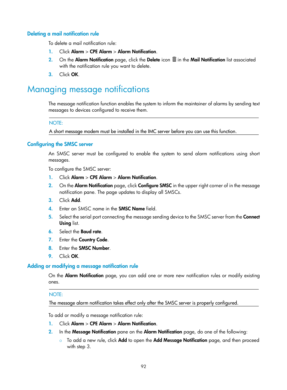 Deleting a mail notification rule, Managing message notifications, Configuring the smsc server | Adding or modifying a message notification rule | H3C Technologies H3C Intelligent Management Center User Manual | Page 101 / 139