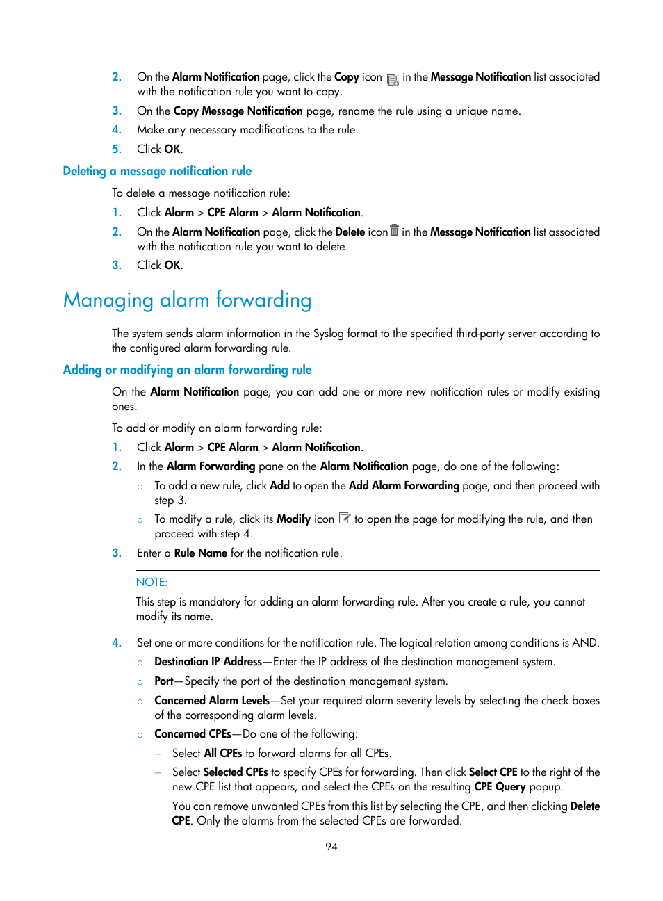 Deleting a message notification rule, Managing alarm forwarding, Adding or modifying an alarm forwarding rule | H3C Technologies H3C Intelligent Management Center User Manual | Page 103 / 139