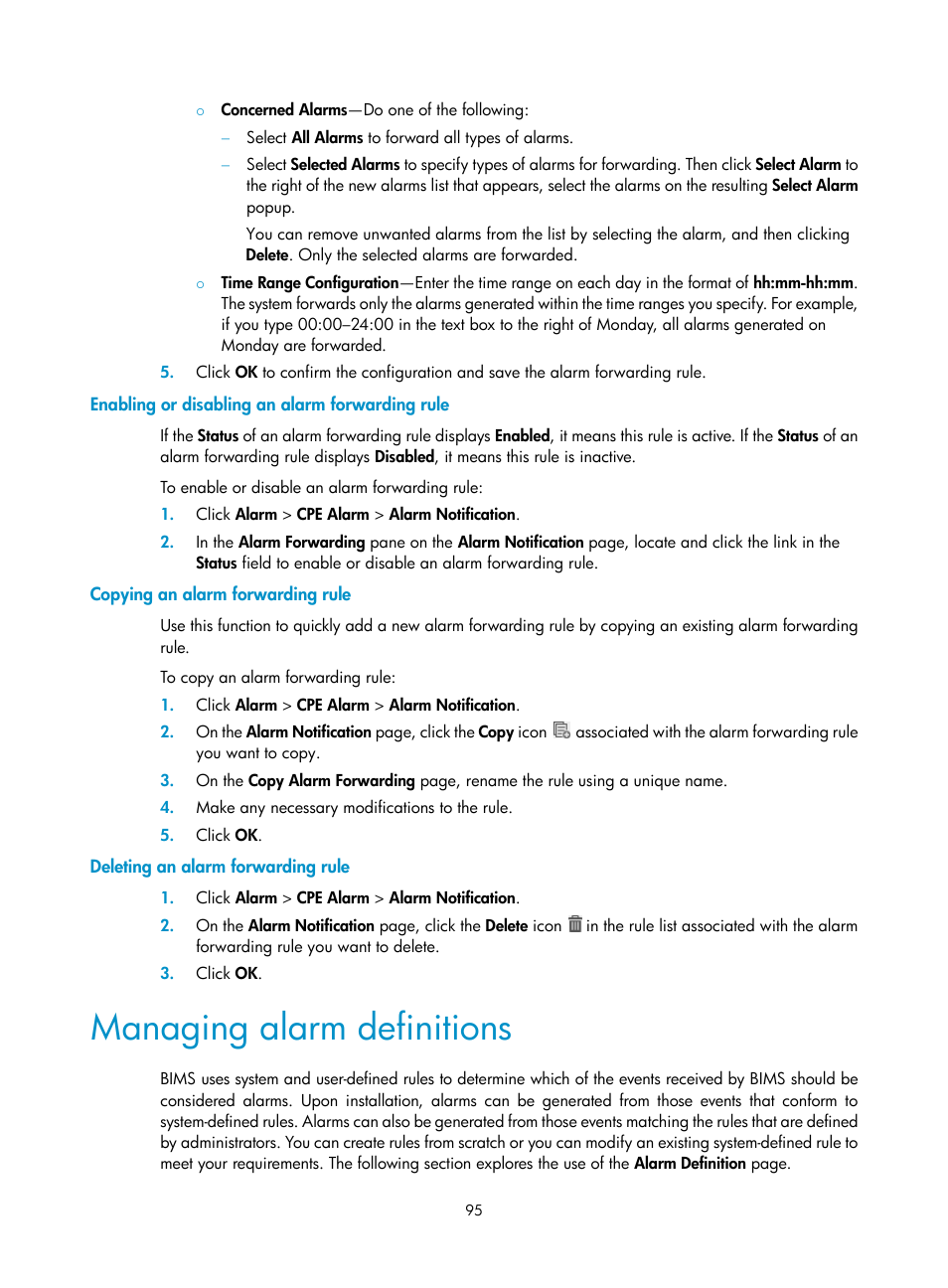 Enabling or disabling an alarm forwarding rule, Copying an alarm forwarding rule, Deleting an alarm forwarding rule | Managing alarm definitions | H3C Technologies H3C Intelligent Management Center User Manual | Page 104 / 139