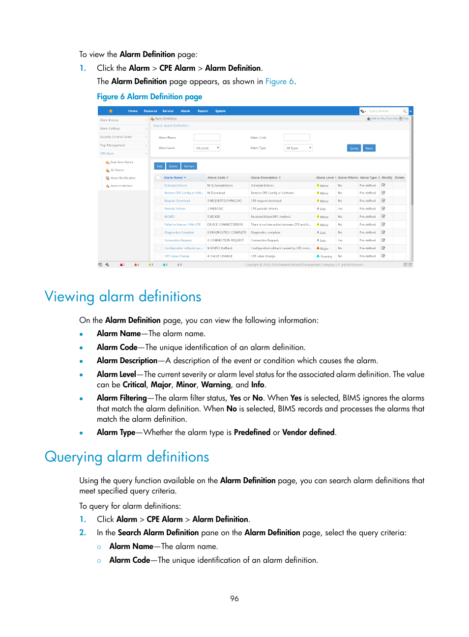 Viewing alarm definitions, Querying alarm definitions | H3C Technologies H3C Intelligent Management Center User Manual | Page 105 / 139