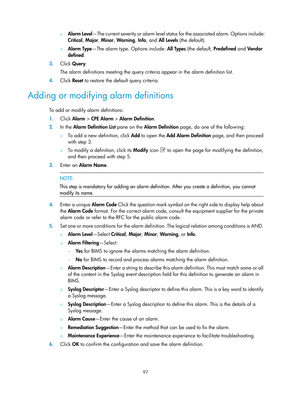 Adding or modifying alarm definitions | H3C Technologies H3C Intelligent Management Center User Manual | Page 106 / 139