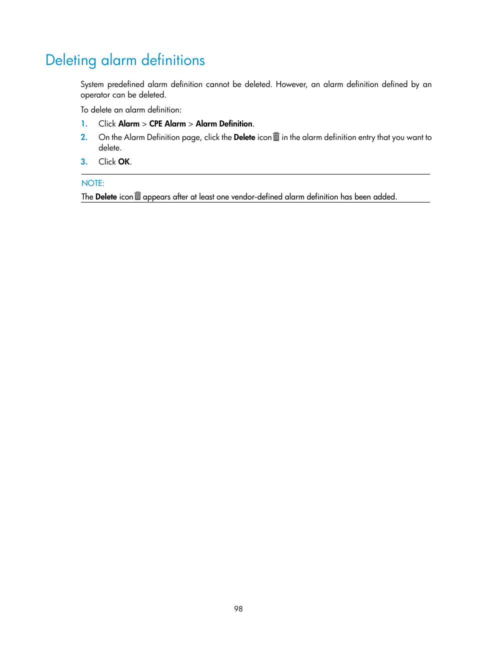 Deleting alarm definitions | H3C Technologies H3C Intelligent Management Center User Manual | Page 107 / 139