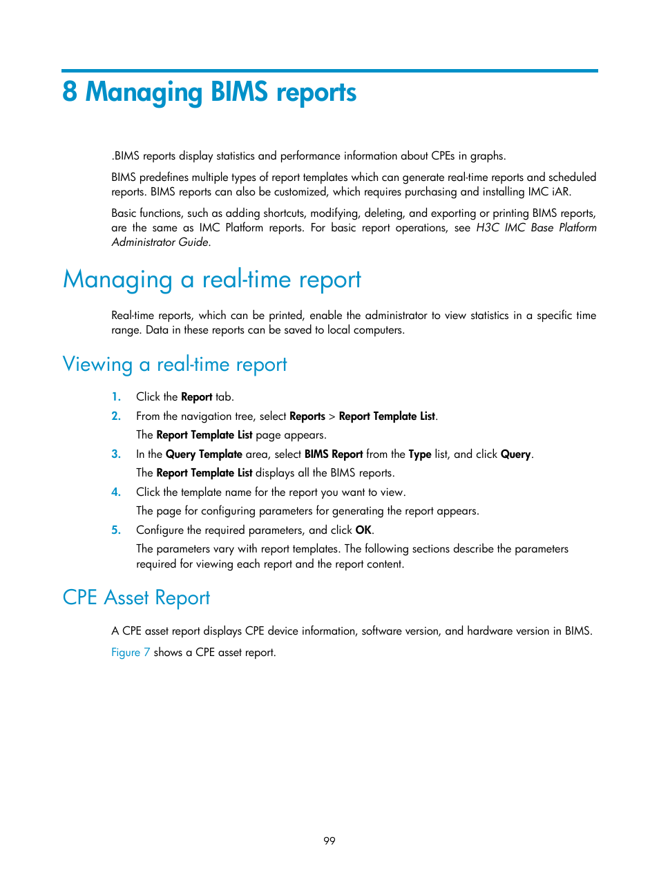 8 managing bims reports, Managing a real-time report, Viewing a real-time report | Cpe asset report | H3C Technologies H3C Intelligent Management Center User Manual | Page 108 / 139