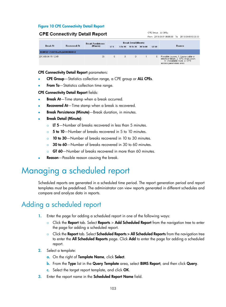 Managing a scheduled report, Adding a scheduled report | H3C Technologies H3C Intelligent Management Center User Manual | Page 112 / 139