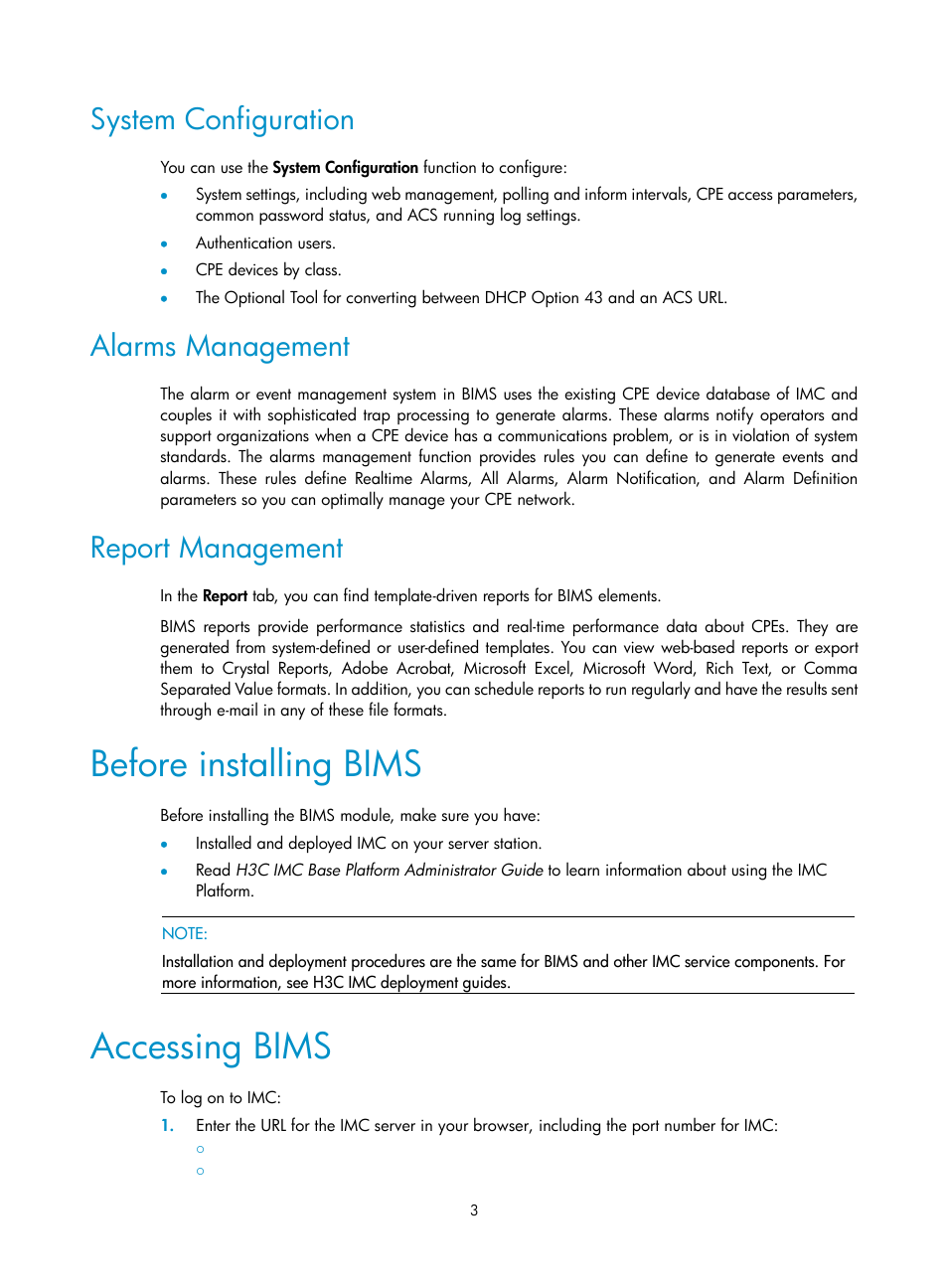 System configuration, Alarms management, Report management | Before installing bims, Accessing bims | H3C Technologies H3C Intelligent Management Center User Manual | Page 12 / 139