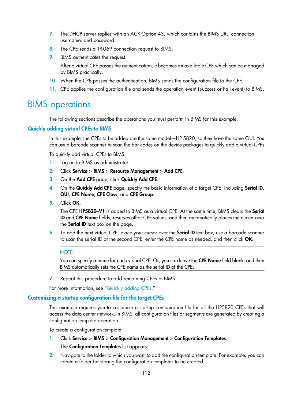 Bims operations, Quickly adding virtual cpes to bims | H3C Technologies H3C Intelligent Management Center User Manual | Page 121 / 139