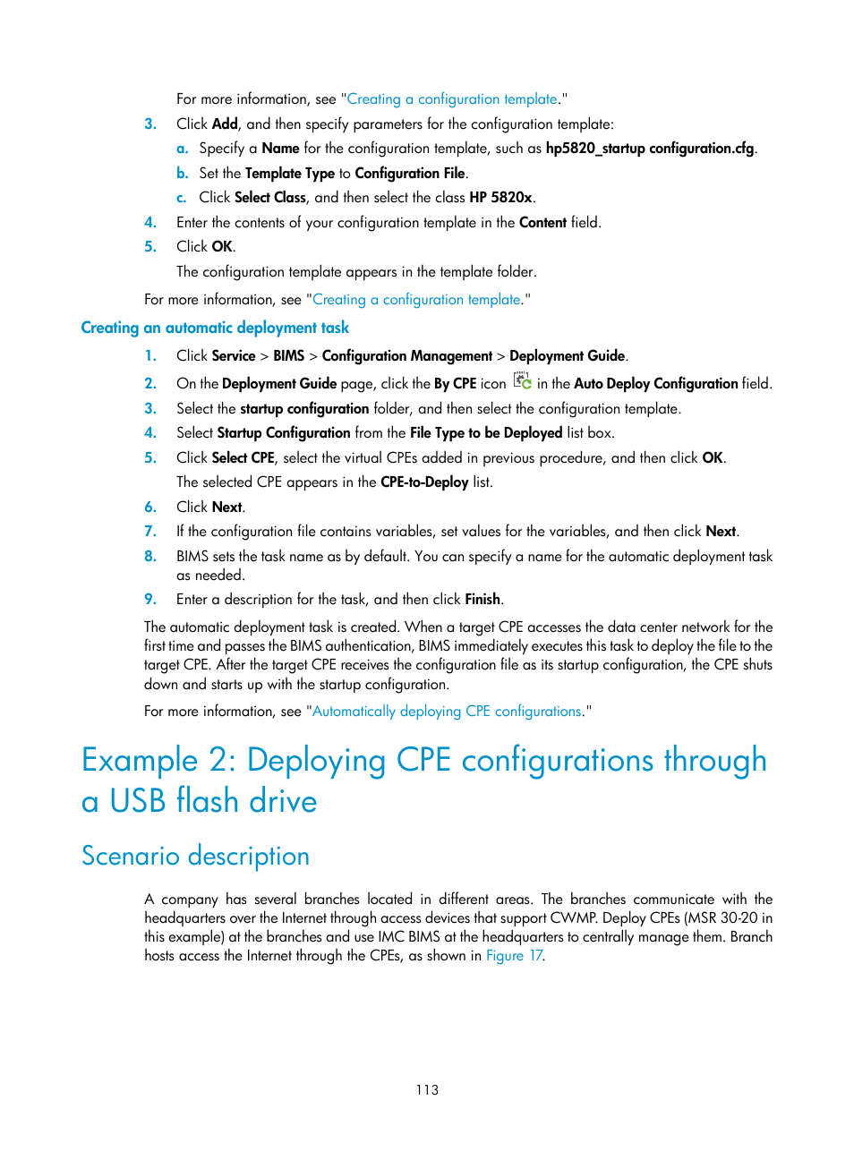 Creating an automatic deployment task, Scenario description | H3C Technologies H3C Intelligent Management Center User Manual | Page 122 / 139