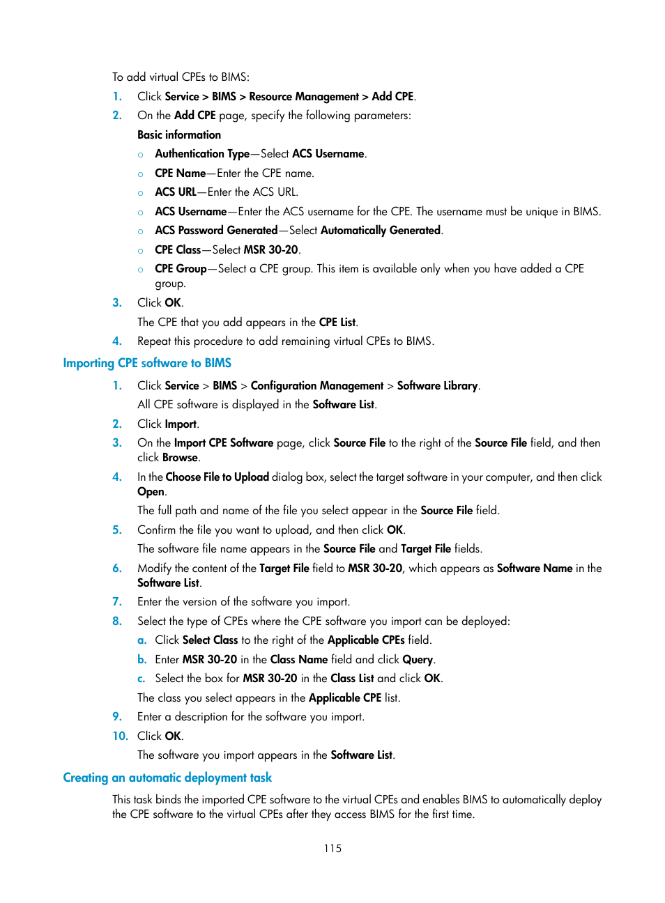 Importing cpe software to bims, Creating an automatic deployment task | H3C Technologies H3C Intelligent Management Center User Manual | Page 124 / 139