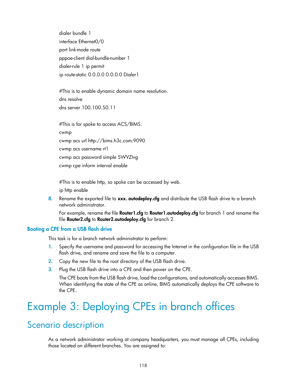 Booting a cpe from a usb flash drive, Example 3: deploying cpes in branch offices, Scenario description | H3C Technologies H3C Intelligent Management Center User Manual | Page 127 / 139