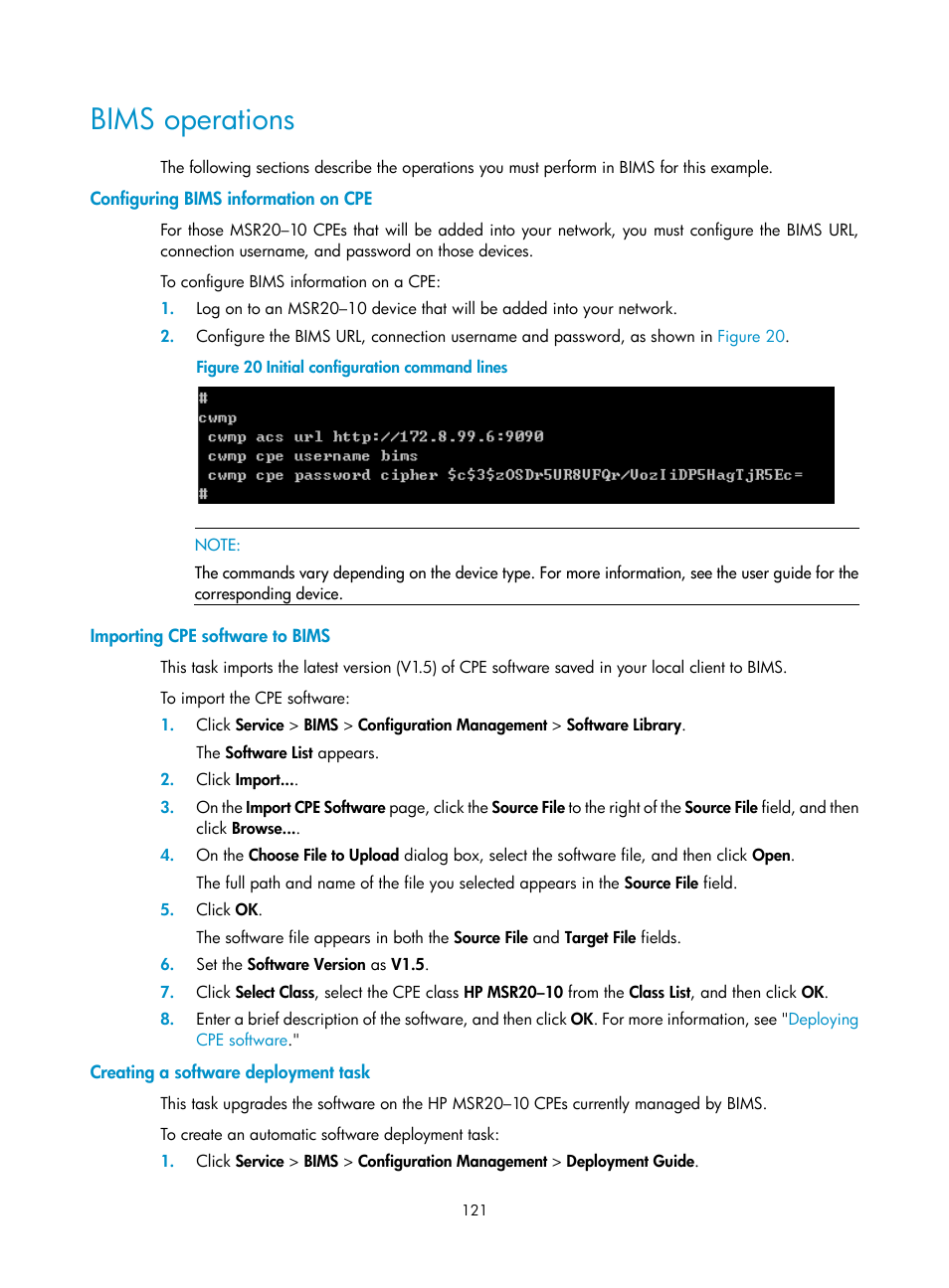 Bims operations, Configuring bims information on cpe, Importing cpe software to bims | Creating a software deployment task | H3C Technologies H3C Intelligent Management Center User Manual | Page 130 / 139