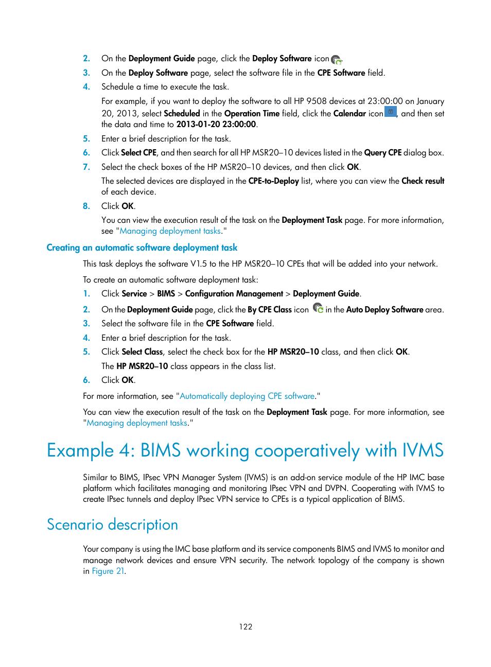 Creating an automatic software deployment task, Example 4: bims working cooperatively with ivms, Scenario description | H3C Technologies H3C Intelligent Management Center User Manual | Page 131 / 139