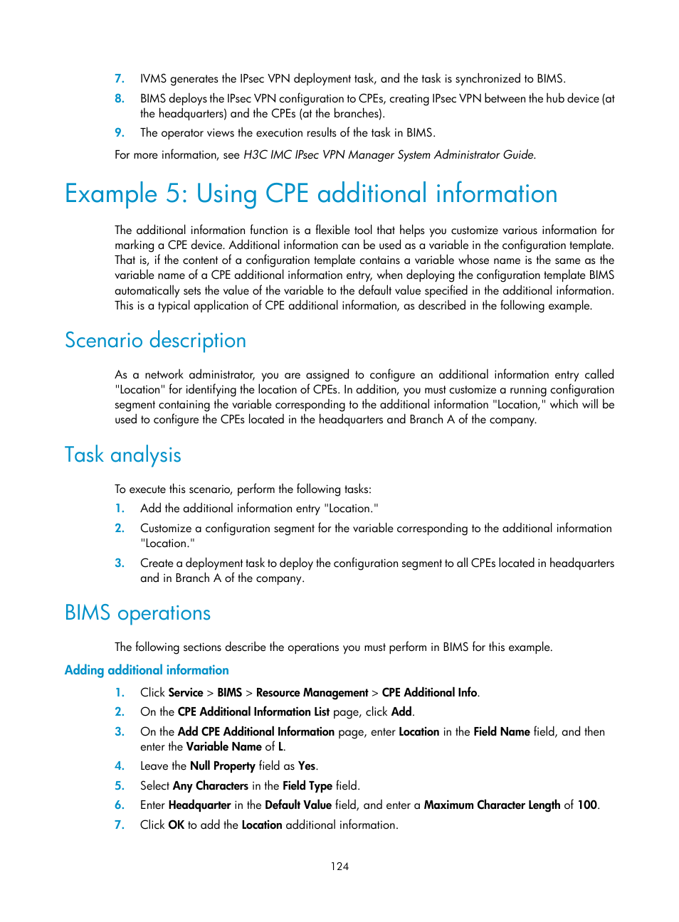 Example 5: using cpe additional information, Scenario description, Task analysis | Bims operations, Adding additional information | H3C Technologies H3C Intelligent Management Center User Manual | Page 133 / 139