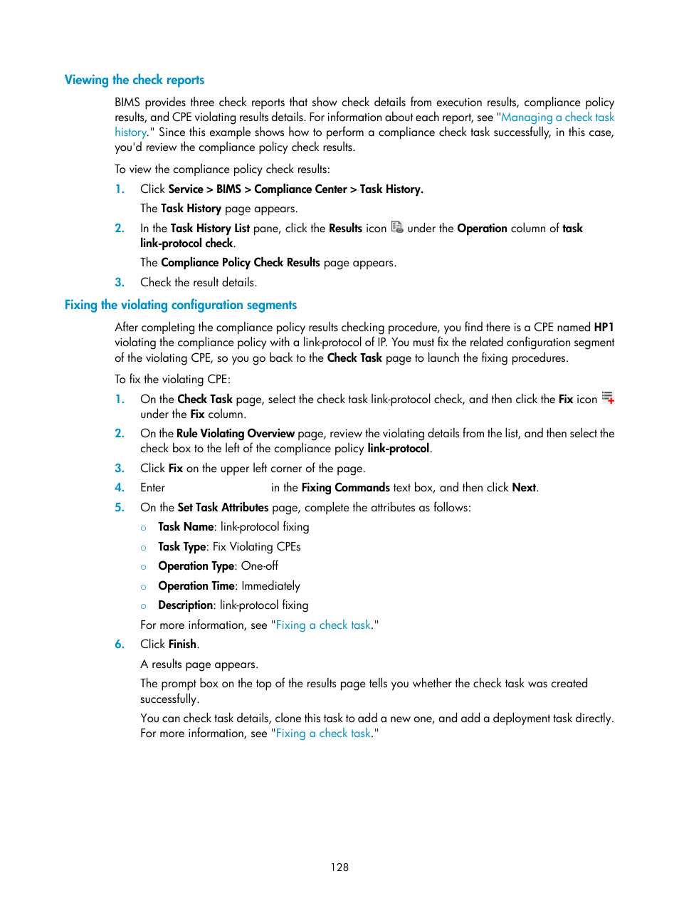 Viewing the check reports, Fixing the violating configuration segments | H3C Technologies H3C Intelligent Management Center User Manual | Page 137 / 139