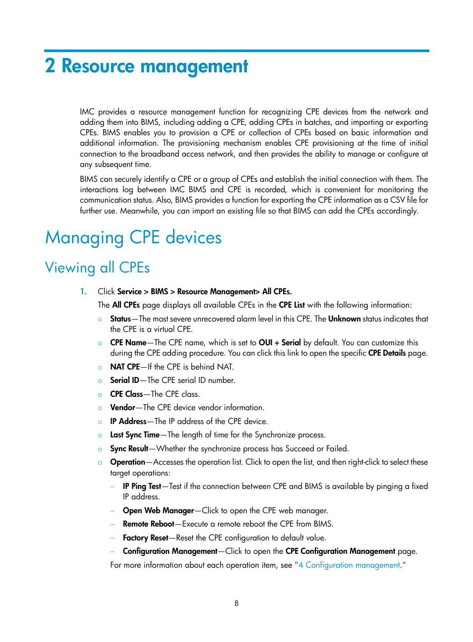 2 resource management, Managing cpe devices, Viewing all cpes | H3C Technologies H3C Intelligent Management Center User Manual | Page 17 / 139