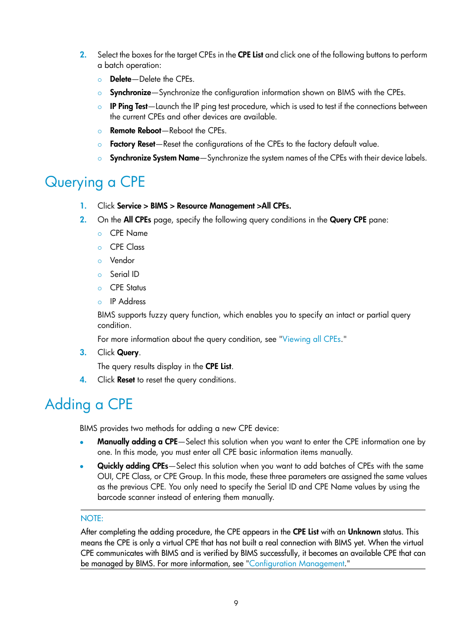 Querying a cpe, Adding a cpe | H3C Technologies H3C Intelligent Management Center User Manual | Page 18 / 139